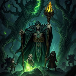 An evil druid standing ominously in a dark, enchanted forest, surrounded by twisted trees and glowing green vines