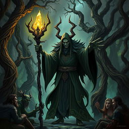 An evil druid standing ominously in a dark, enchanted forest, surrounded by twisted trees and glowing green vines