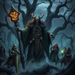 An evil Druid standing menacingly in a dark, enchanted forest, with twisted trees and ominous shadows