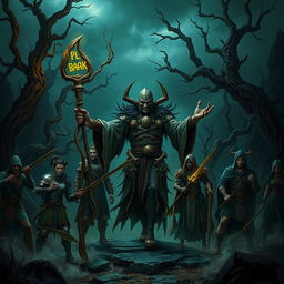 An evil Druid standing menacingly in a dark, enchanted forest, with twisted trees and ominous shadows