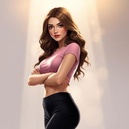 A modern interpretation of Hermione Granger, depicted with wavy hair and wearing a light pink crop top that highlights her figure, complemented by stylish black tights