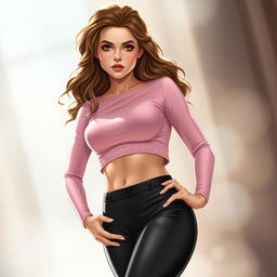 A modern interpretation of Hermione Granger, depicted with wavy hair and wearing a light pink crop top that highlights her figure, complemented by stylish black tights