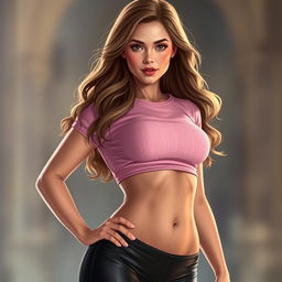 A modern interpretation of Hermione Granger, depicted with wavy hair and wearing a light pink crop top that highlights her figure, complemented by stylish black tights