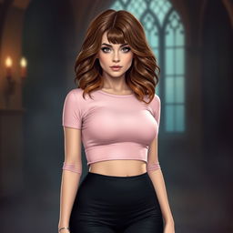 A contemporary depiction of Hermione Granger, styled with wavy hair, wearing a light pink crop top that flatters her figure and black tights