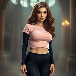 A contemporary depiction of Hermione Granger, styled with wavy hair, wearing a light pink crop top that flatters her figure and black tights