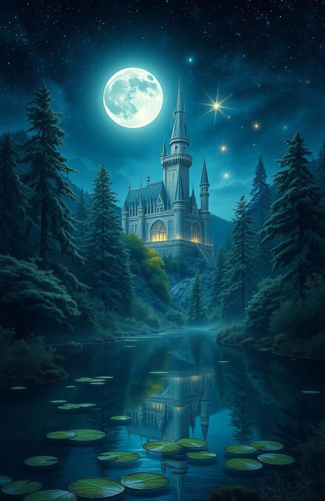 A serene fantasy scene depicting a majestic castle shimmering under the moonlight, surrounded by enchanting woods filled with tall, ancient trees