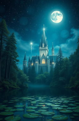 A serene fantasy scene depicting a majestic castle shimmering under the moonlight, surrounded by enchanting woods filled with tall, ancient trees