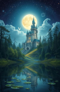 A serene fantasy scene depicting a majestic castle shimmering under the moonlight, surrounded by enchanting woods filled with tall, ancient trees