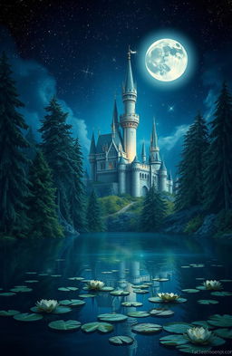 A serene fantasy scene depicting a majestic castle shimmering under the moonlight, surrounded by enchanting woods filled with tall, ancient trees