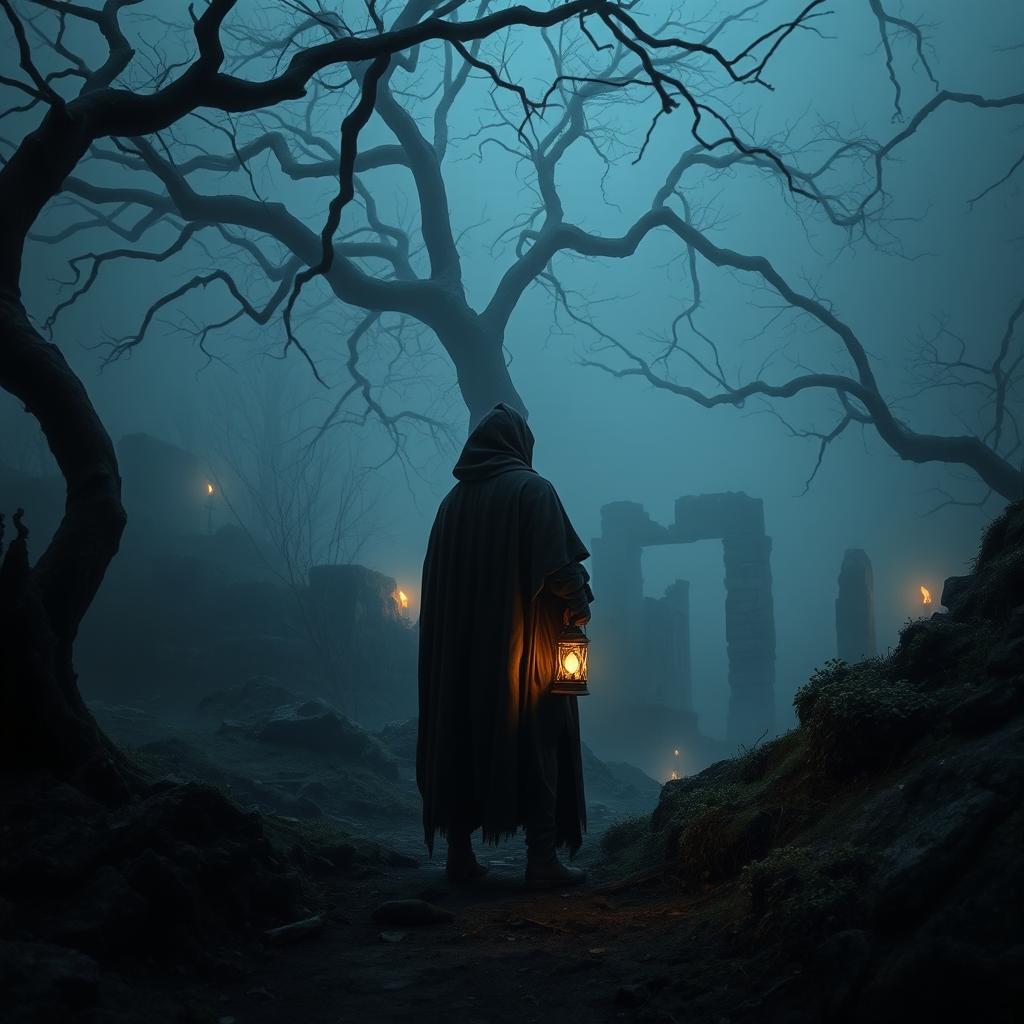 A dark medieval scene set in a misty forest, illuminated by the soft glow of flickering torches