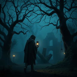 A dark medieval scene set in a misty forest, illuminated by the soft glow of flickering torches