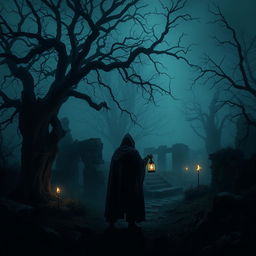 A dark medieval scene set in a misty forest, illuminated by the soft glow of flickering torches