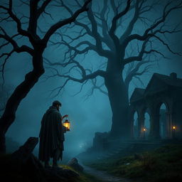 A dark medieval scene set in a misty forest, illuminated by the soft glow of flickering torches