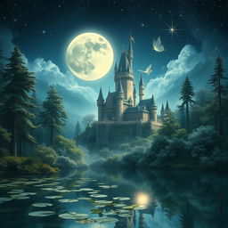 A serene fantasy scene depicting a majestic castle shimmering under the moonlight, surrounded by enchanting woods filled with tall, ancient trees