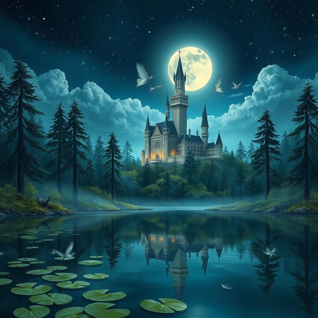 A serene fantasy scene depicting a majestic castle shimmering under the moonlight, surrounded by enchanting woods filled with tall, ancient trees