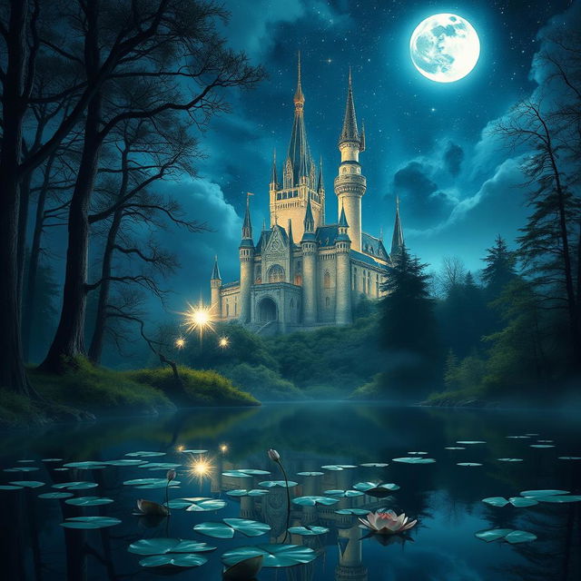 A serene fantasy scene depicting a majestic castle shimmering under the moonlight, surrounded by enchanting woods filled with tall, ancient trees