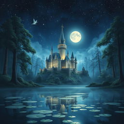 A serene fantasy scene depicting a majestic castle shimmering under the moonlight, surrounded by enchanting woods filled with tall, ancient trees