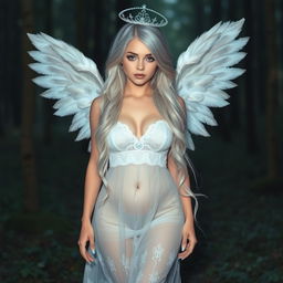 A beautiful, sexy girl with very long white, silver and light blue hair, walking in a forest at night