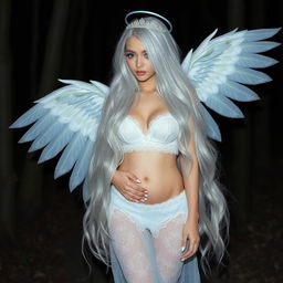 A beautiful, sexy girl with very long white, silver and light blue hair, walking in a forest at night