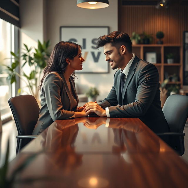 A heartwarming scene depicting the intimacy of two office professionals in a romantic moment within a contemporary workplace