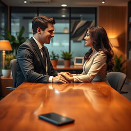 A heartwarming scene depicting the intimacy of two office professionals in a romantic moment within a contemporary workplace
