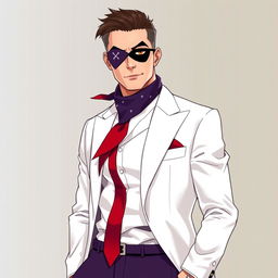 A stylish man dressed in classic white attire, with a striking red tie and a purple bandana