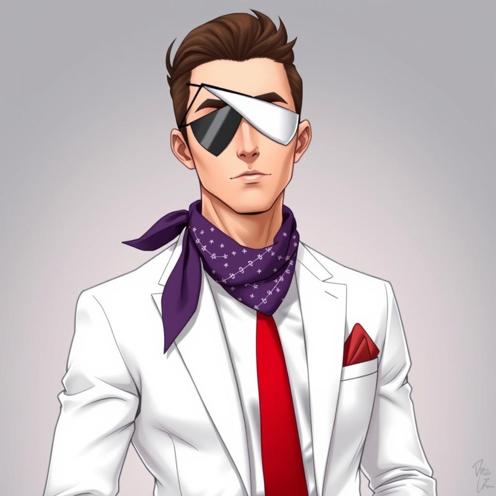 A stylish man dressed in classic white attire, with a striking red tie and a purple bandana