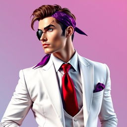 A stylish man dressed in classic white attire, with a striking red tie and a purple bandana