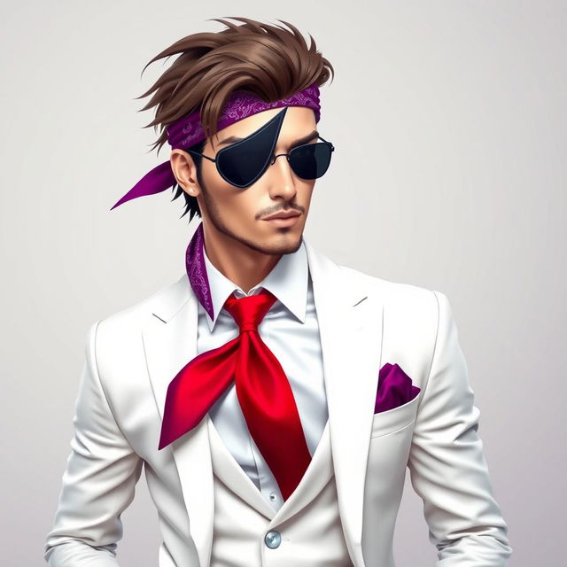 A stylish man dressed in classic white attire, with a striking red tie and a purple bandana