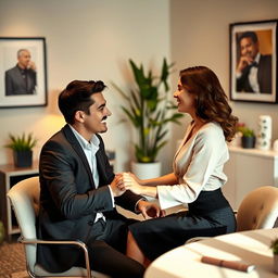 A romantic scene showcasing the intimacy between two office professionals in a sophisticated workplace