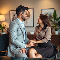 A romantic scene showcasing the intimacy between two office professionals in a sophisticated workplace