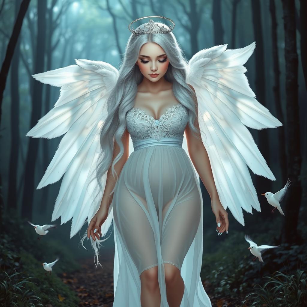 A beautiful, sexy girl with very long white, silver and light blue hair, walking through a beautiful forest at night