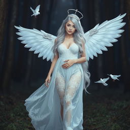 A beautiful, sexy girl with very long white, silver and light blue hair, walking through a beautiful forest at night