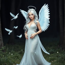 A beautiful, sexy girl with very long white, silver and light blue hair, walking through a beautiful forest at night