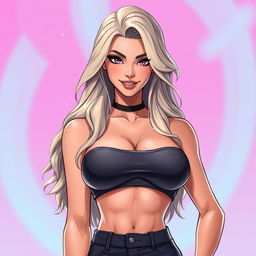 Transforming a male character into a stunning female figure, featuring her with long, wavy hair cascading down her shoulders