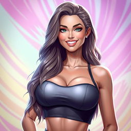 Transforming a male character into a stunning female figure, featuring her with long, wavy hair cascading down her shoulders