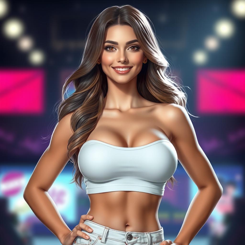 Transforming a male character into a stunning female figure, featuring her with long, wavy hair cascading down her shoulders