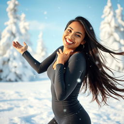 A hot Brazilian girl playfully enjoying a snowy landscape
