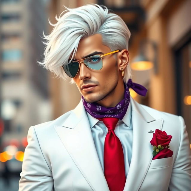 A stylish man dressed in a classic white suit with a vibrant red tie and a striking purple bandana, wearing an anime-style eye patch over one eye