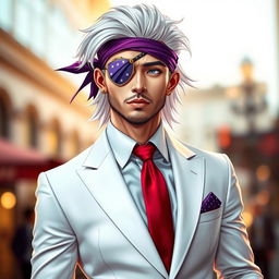 A stylish man dressed in a classic white suit with a vibrant red tie and a striking purple bandana, wearing an anime-style eye patch over one eye