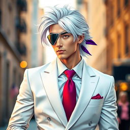 A stylish man dressed in a classic white suit with a vibrant red tie and a striking purple bandana, wearing an anime-style eye patch over one eye