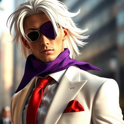 A stylish man dressed in a classic white suit with a vibrant red tie and a striking purple bandana, wearing an anime-style eye patch over one eye