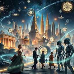 A stunning visual representation of time travel featuring a futuristic cityscape intertwined with elements of past eras, like ancient ruins blending seamlessly into sleek, advanced technology