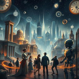 A stunning visual representation of time travel featuring a futuristic cityscape intertwined with elements of past eras, like ancient ruins blending seamlessly into sleek, advanced technology