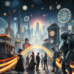 A stunning visual representation of time travel featuring a futuristic cityscape intertwined with elements of past eras, like ancient ruins blending seamlessly into sleek, advanced technology