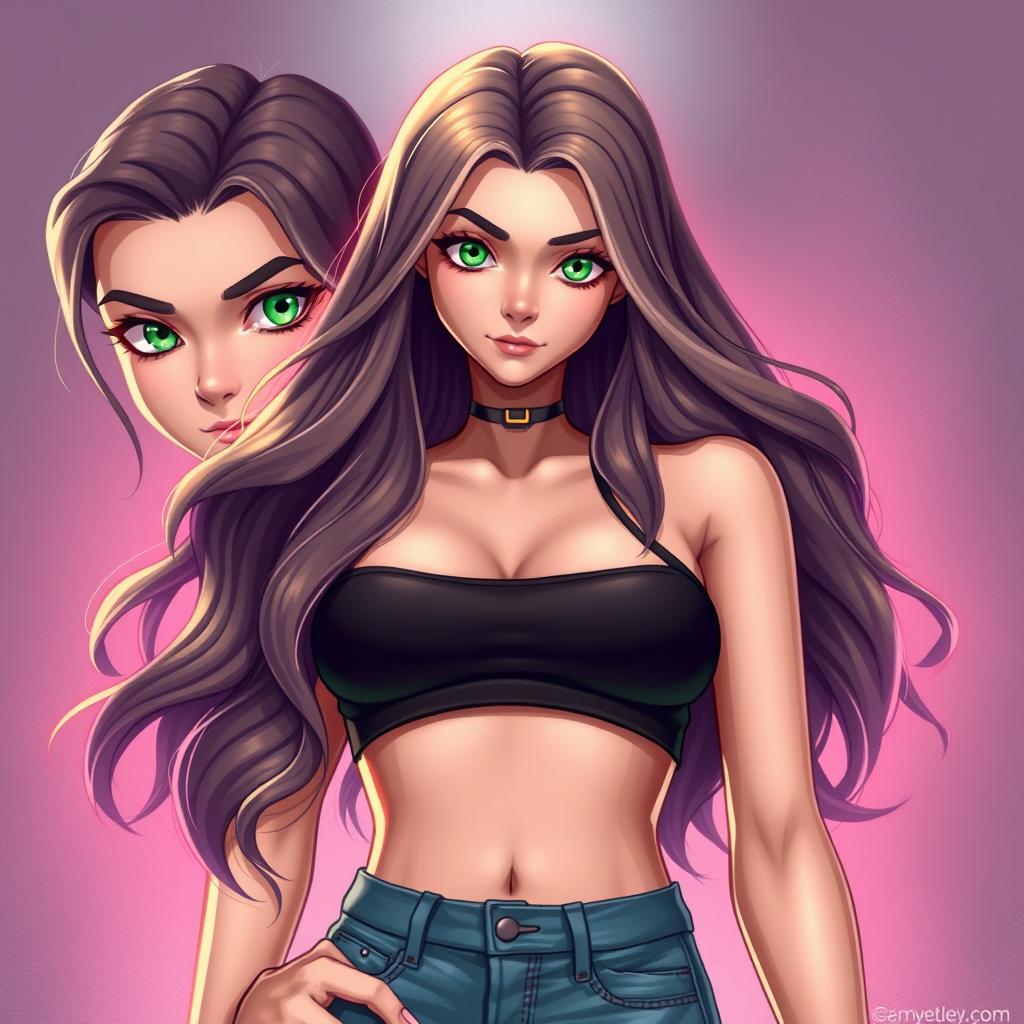 Transforming a young character with green eyes into a striking female figure