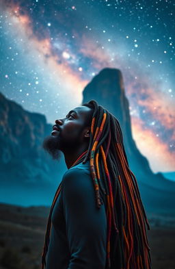 A 38-year-old Rastafarian man with vibrant multicolored beads intricately woven into his long dreadlocks, standing in awe as he gazes at a towering monolith