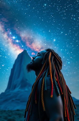 A 38-year-old Rastafarian man with vibrant multicolored beads intricately woven into his long dreadlocks, standing in awe as he gazes at a towering monolith