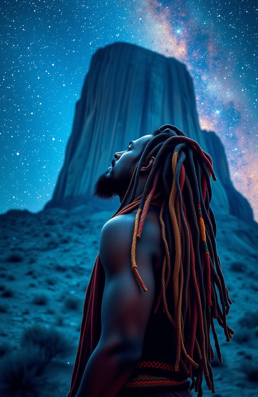 A 38-year-old Rastafarian man with vibrant multicolored beads intricately woven into his long dreadlocks, standing in awe as he gazes at a towering monolith