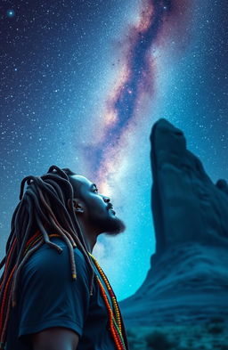 A 38-year-old Rastafarian man with vibrant multicolored beads intricately woven into his long dreadlocks, standing in awe as he gazes at a towering monolith